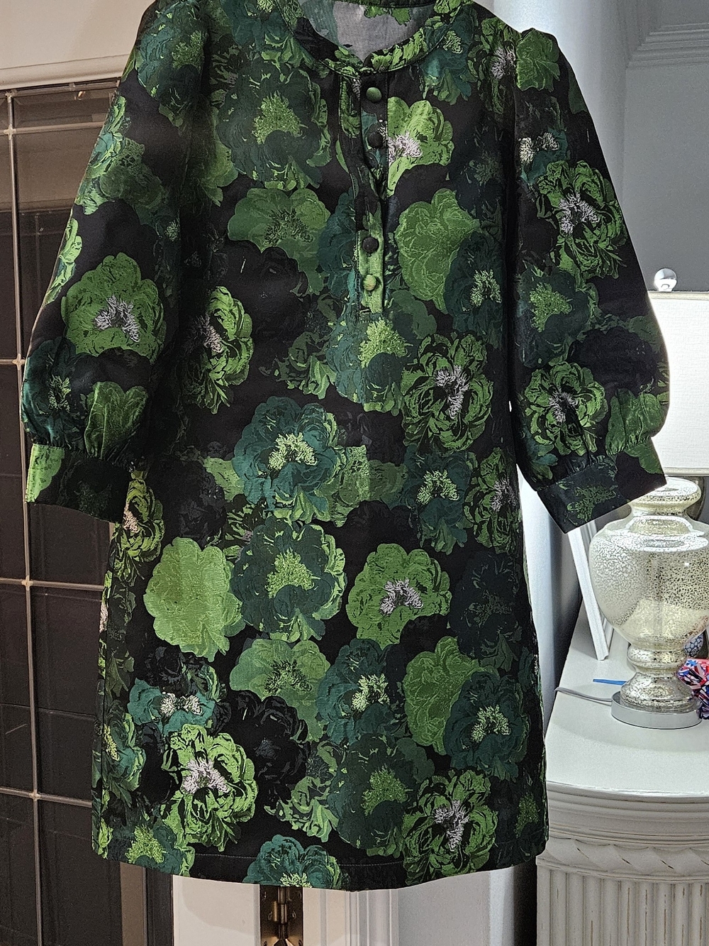 Green Floral Shift Dress - Black & Emerald Floral Print
